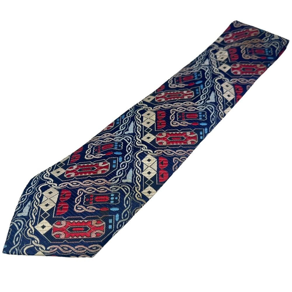 Haband Vintage Navy Red Geometric Silk Necktie Men’s Southwestern Retro‎ 60”